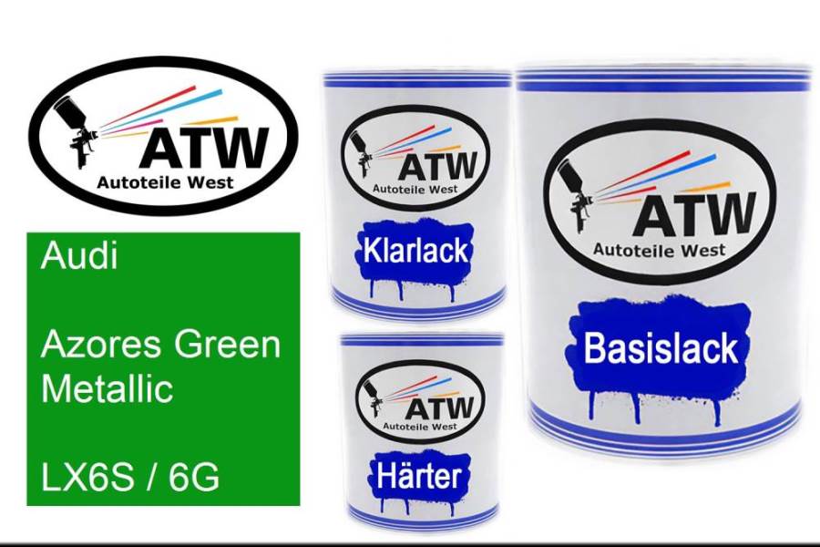 Audi, Azores Green Metallic, LX6S / 6G: 1L Lackdose + 1L Klarlack + 500ml Härter - Set, von ATW Autoteile West.
